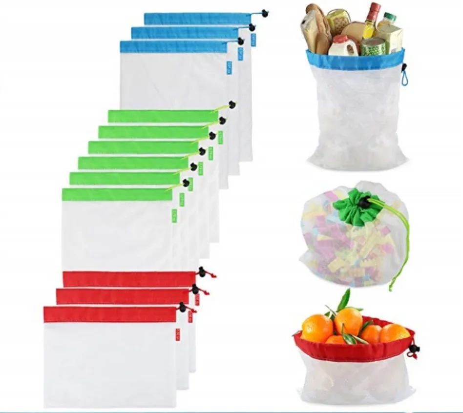 12pcs/lot Reusable Mesh Produce Bags Washable Eco Friendly for Grocery Shopping Storage Fruit Vegetable Toys Sundries |