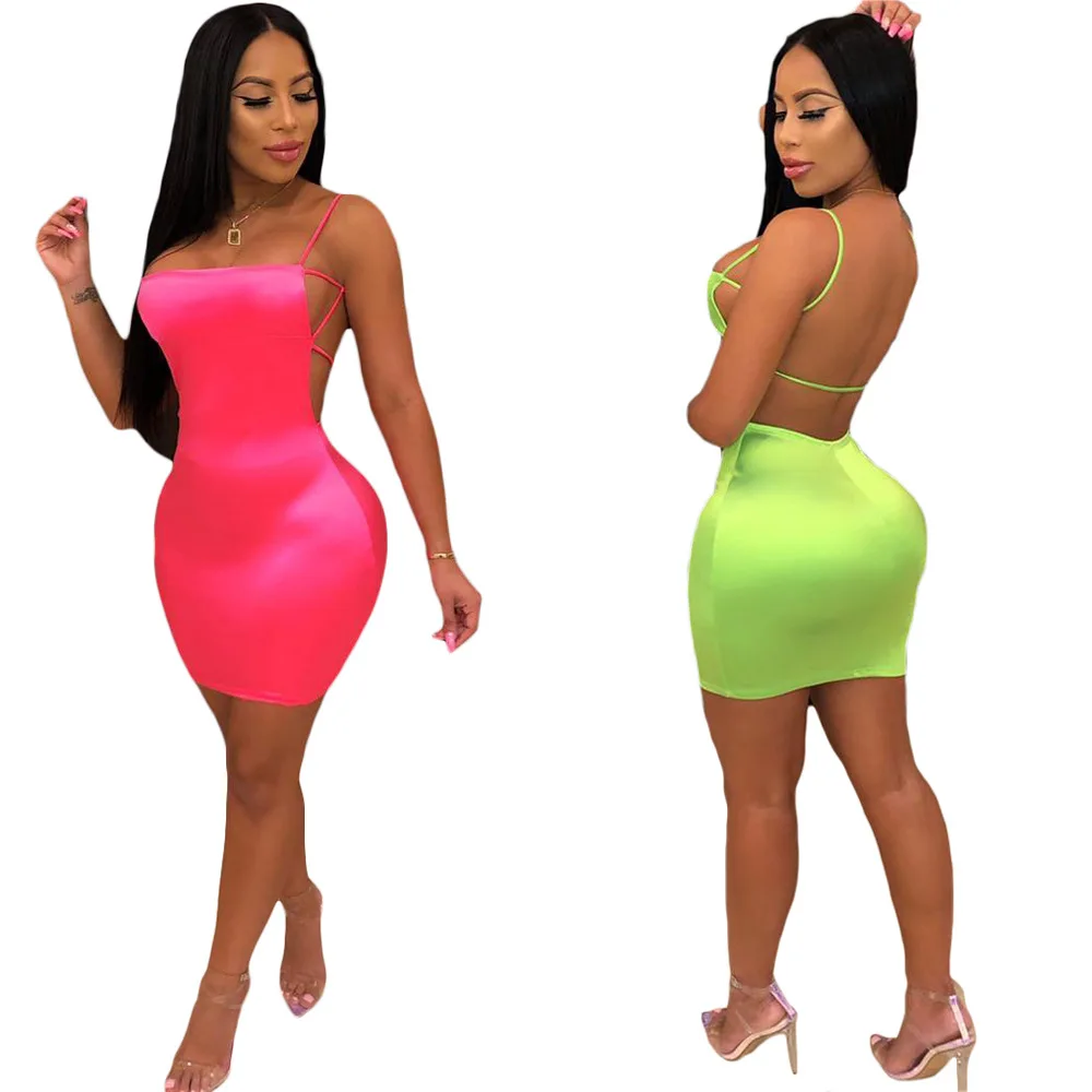 Echoine Sexy Spaghetti Straps Solid Color Low Cut Dress Bandage Backless Bodycon Clubwear Outfits Summer Ladies 2019 | Женская одежда