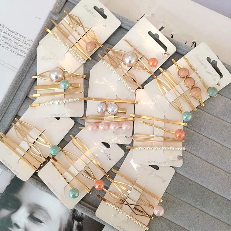 AOMU, 4 шт., корейские Модные металлические заколки для волос, имитирующие жемчуг, цветные бусины, заколки для волос для женщин, нестандартные геометрические аксессуары для волос