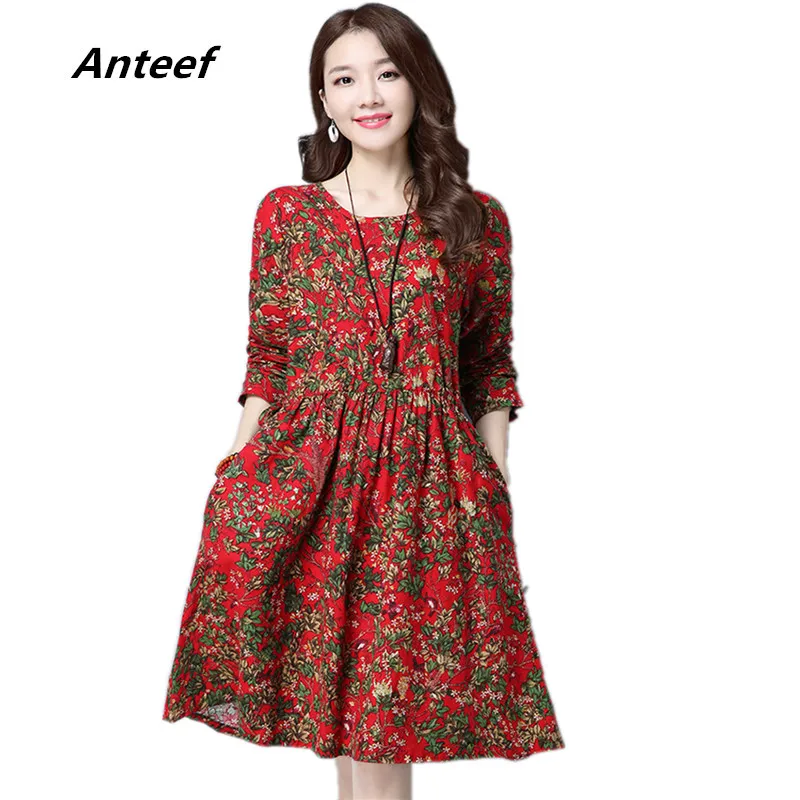 Женское платье с длинным рукавом размера плюс из хлопка и льна в винтажном