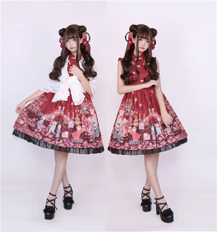 

Cat Lantern Show Chinese Style Hanfu Ruqun Dress Lolita JSK Sleeveless Dress Cute Fairy Kei Fancy Party Dress Red & Black