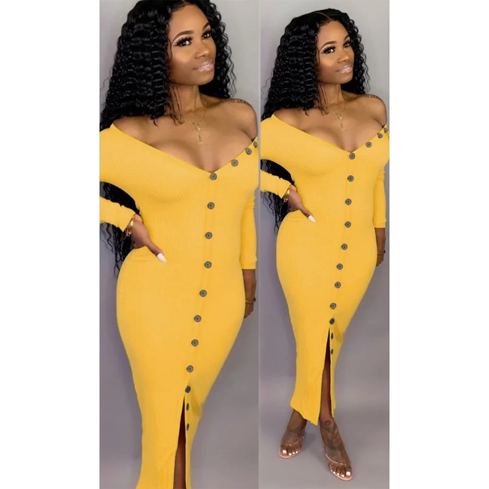 

Casual Knitted Rib Bodycon Dress Women Sexy V Neck Long Sleeve Slit Midi Women Dress Elegant Solid Button Knit Dress Vestidos