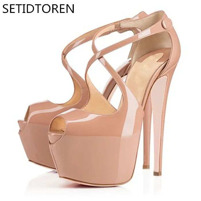

Sexy Super High Heels Platform Pumps Women Cross Strap Patent Leather Stiletto Shoes Peep Toe Thin Heels Party Wedding Shoes