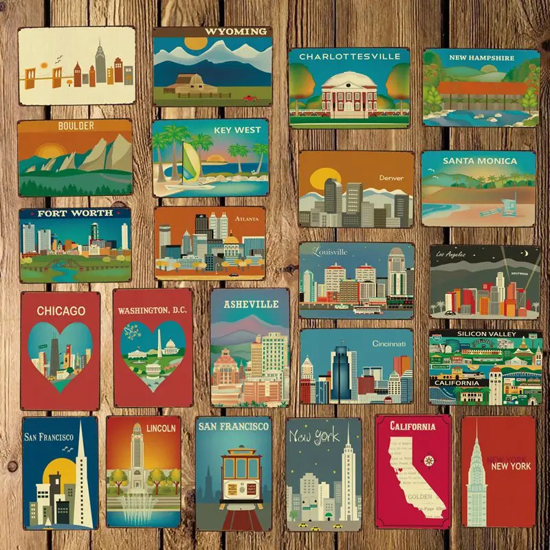 

[ WellCraft ] UNITED STATES CITIES TRAVEL Metal SIGNS Wall POSTERS Custom PAINTING Antique bar Pub Decor HY-1695