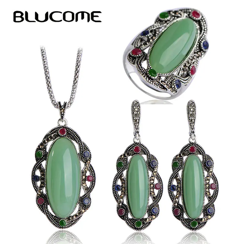 

Blucome Big Green Pendant Brand Turkish Necklace Earrings Ring Jewelry Sets Long Pendients Max Brincos Vintage Women Ring Colar