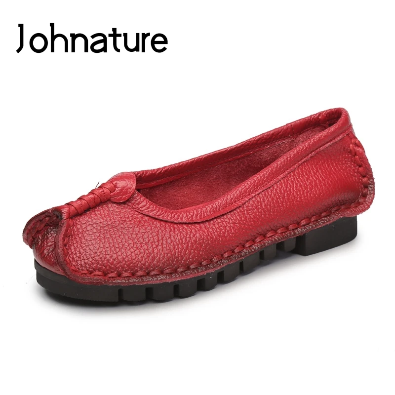 

Johnature Genuine Leather Ladies Shoes Slip-on Round Toe Casual 2022 New Autumn Retro Shallow Sewing Handmade Women Shoes Pumps