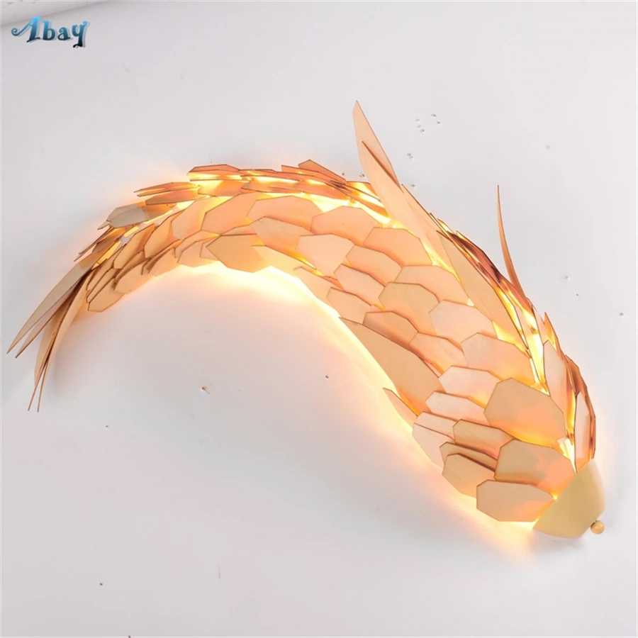 

Home Deco Wood Fish Shape Hand Stitching Wall Lamps for Living Room Bedroom Study Restaurant Sconce Wall Lights Wood Lamp Led