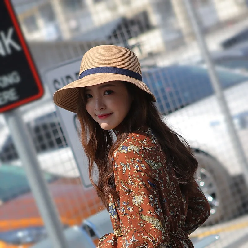 Панама женская Соломенная с бантом модная однотонная пляжная шляпа широкими