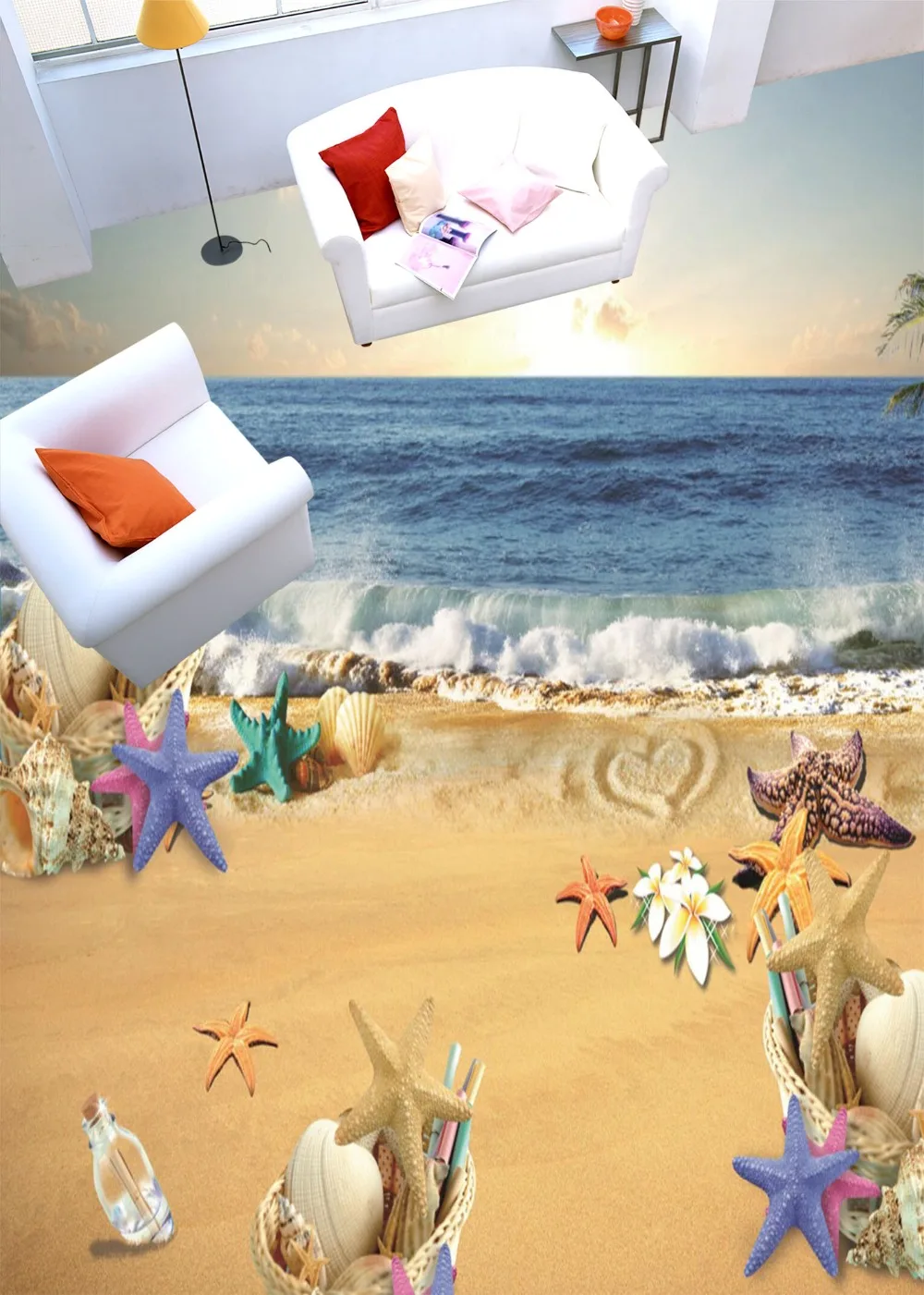 

[Self-Adhesive] 3D Drift Bottle Beach 4 Non-slip Waterproof Photo Self-Adhesive Floor Mural Sticker WallPaper Murals Print Decal
