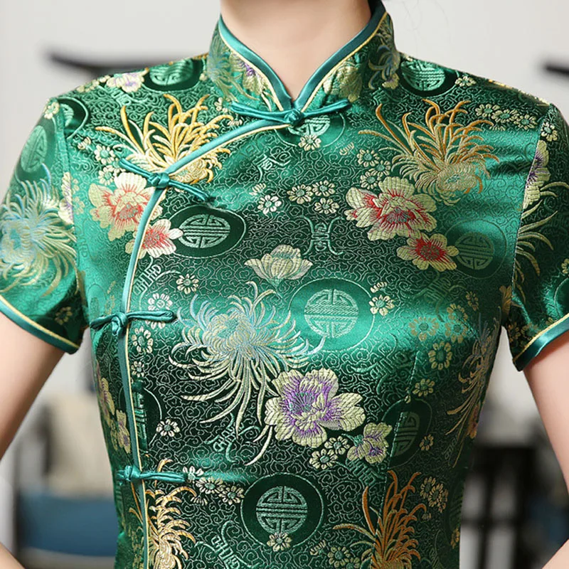 Новый Зеленый атласный цветок Cheongsam Китайский классический женский сексуальный