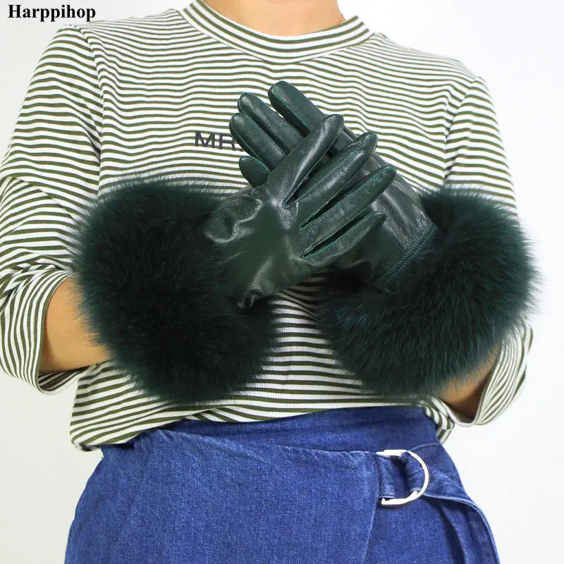 Женские перчатки из натуральной кожи, зимние теплые перчатки из натуральной овчины и лисьего меха, модный стиль, натуральный Пушистый Лисий Мех* harppihop
