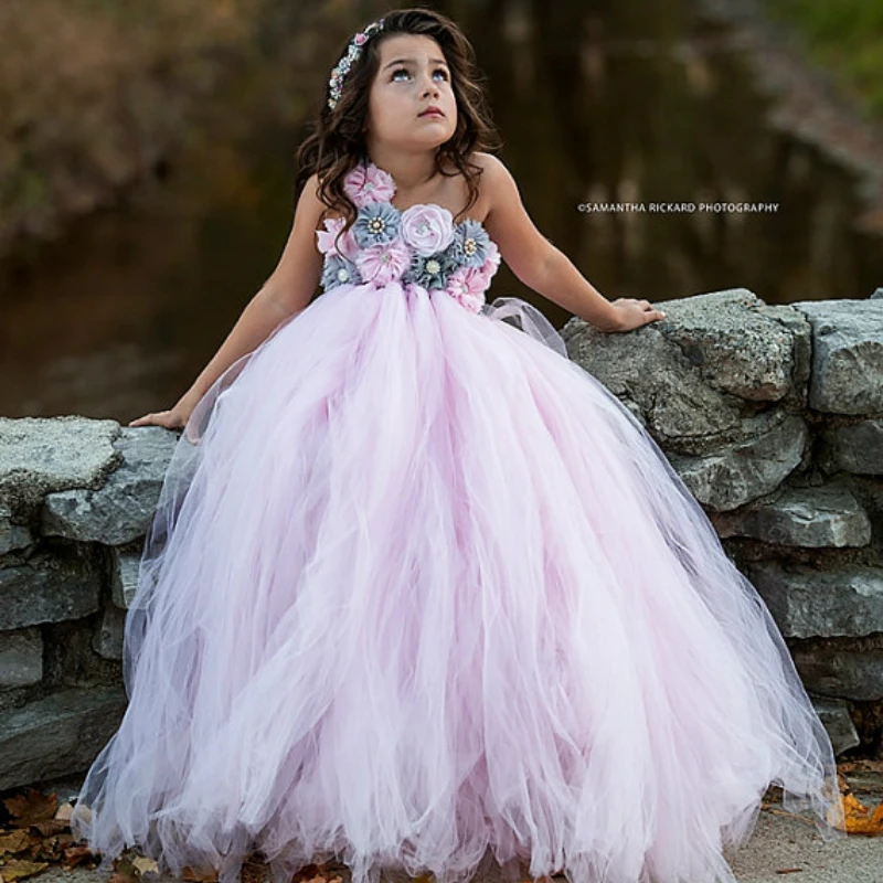 Pink and Grey Flower Girl Tutu Dress Wedding Tulle Girls Dresses Robe Demoiselle Rose Kids Clothes | Детская одежда и обувь