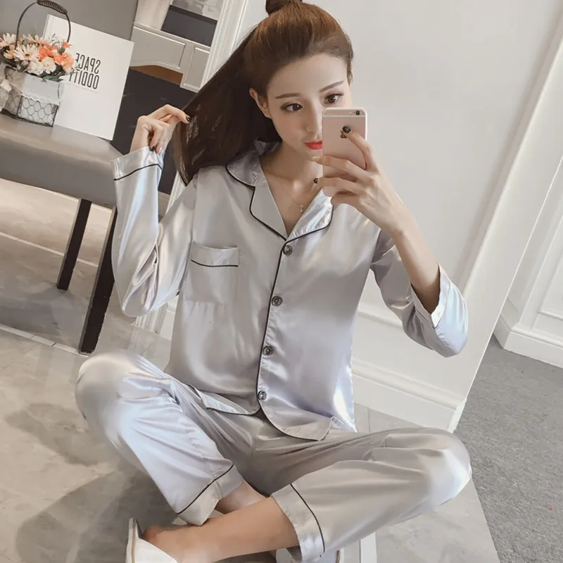 Summer Pajamas Women Home Clothes Suit Long sleeve Large Size Pyjamas Satin Sleep Tops Pants Woman Sleepwear Set Girls Nightwear | Женская