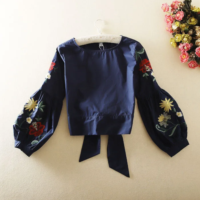 Women's Spring summer long sleeve flower embroidery vintage shirt Female high waist casual short cotton tops blouse TB1108