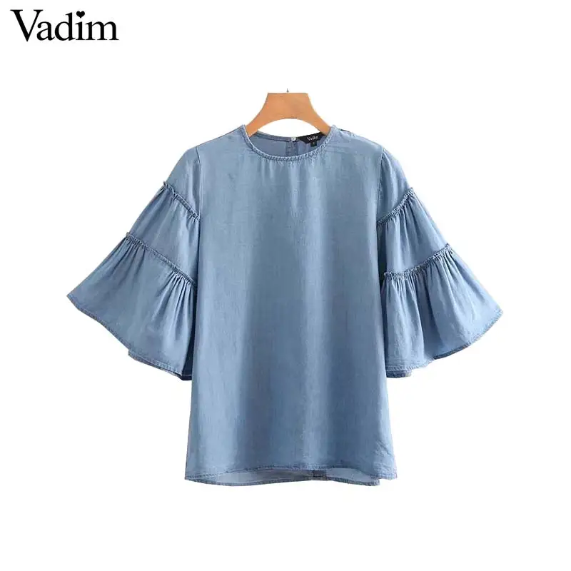Vadim women sweet ruffled tencel denim blouse loose-fitting flare sleeve o neck shirts female summer casual tops blusas DA002 |