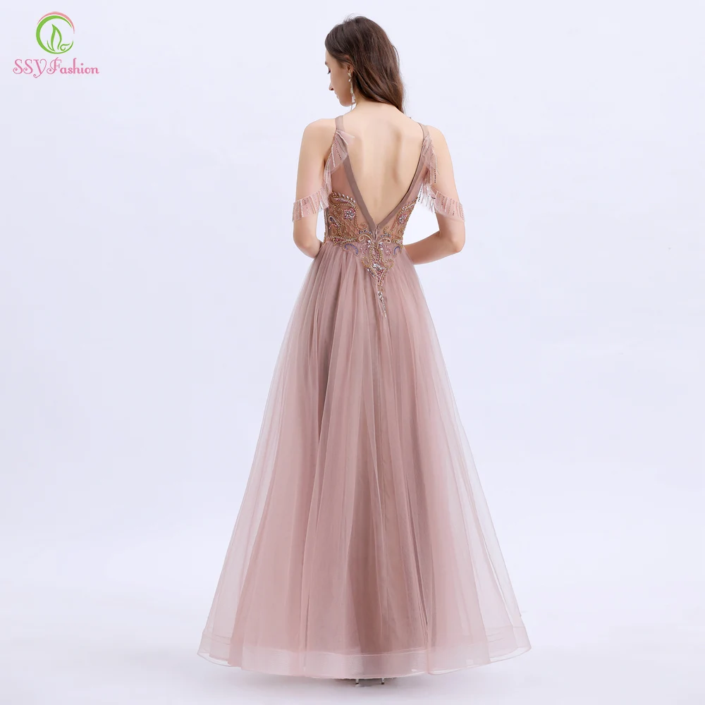 SSYFashion, новинка, роскошное вечернее платье, женское, для банкета, элегантное, с бретелькой через шею, длина до пола, с блестками, с бисером, для выпускного вечера, официальное платье, Vestido De Noche