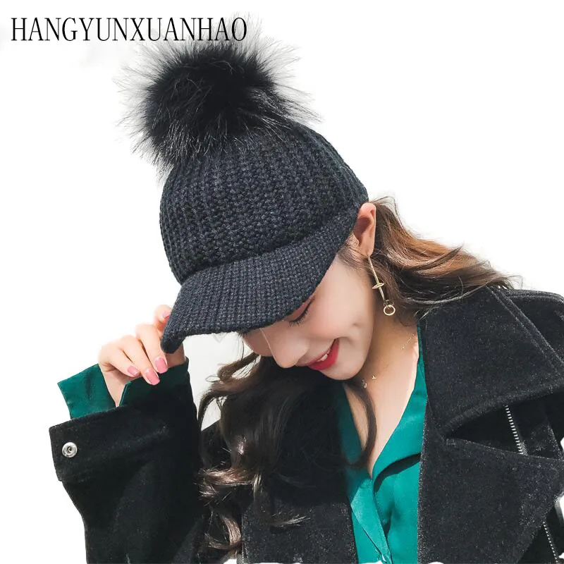 

Fashion Big Hairball Baseball Caps for Women and Girl Autumn Winter Warm Knitted Hairy Hats Adjustable Wool Snapback Cap