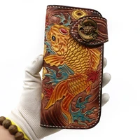 handmade genuine leather wallets carving fortune carp bag purses women men clutch vegetable tanned leather wallet christmas gift
