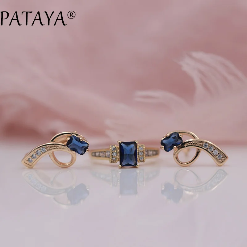 PATAYA, Новое поступление, эксклюзивный дизайн, 585, розовое золото, длинные серьги, кольца, наборы, квадратные, темно-синие, натуральный циркон, женские Этнические украшения