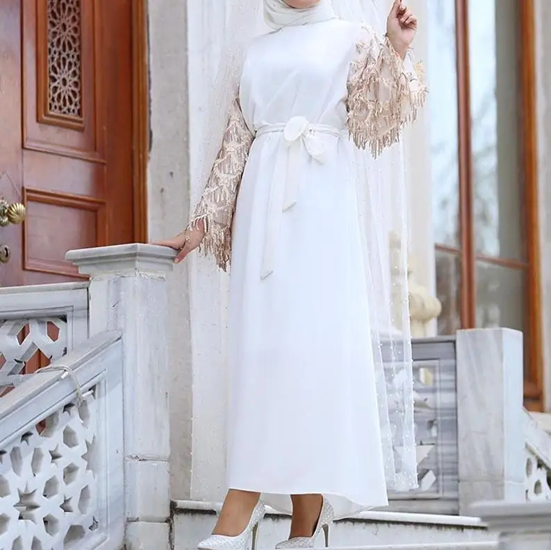 White dress Платье-хиджаб с блестками и кисточками, Абая, Дубай, мусульманский хиджаб, Абая для женщин, кафтан, кафтан, мусульманская одежда, турецкие платья, женская одежда - Цвет: White dress