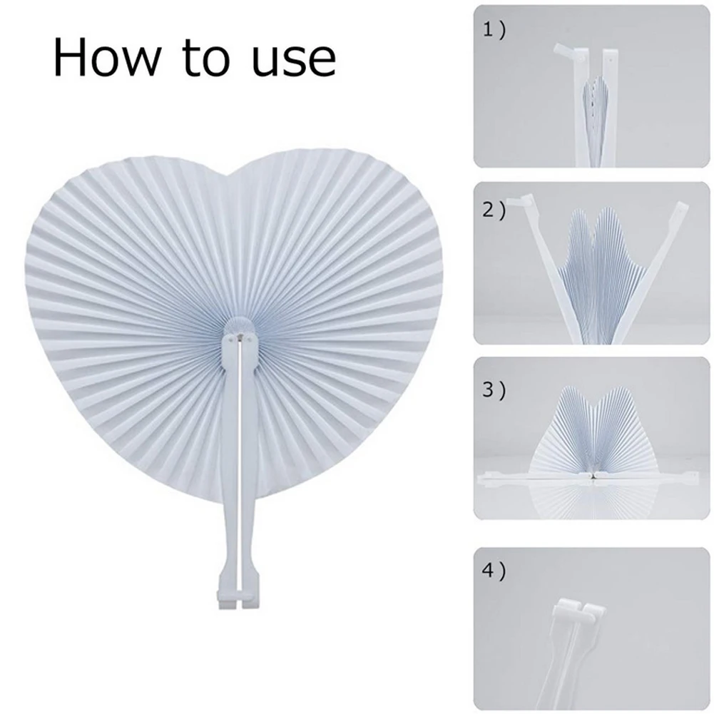 

12/24 Heart Shape White Folding Paper Fans Handheld Paper Fans for Wedding Party Decoration