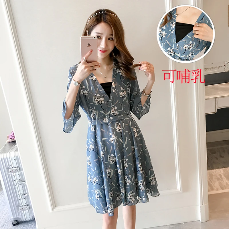 2019 Summer Three Quarter Sleeve Floral Lactation Dress Plus Size Postpartum Women Breastfeeding Chiffon Blouses Nursing Dresses |