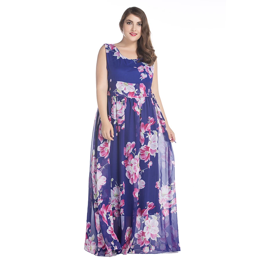 Женское пляжное платье макси шифоновое летнее с круглым вырезом и принтом 6XL