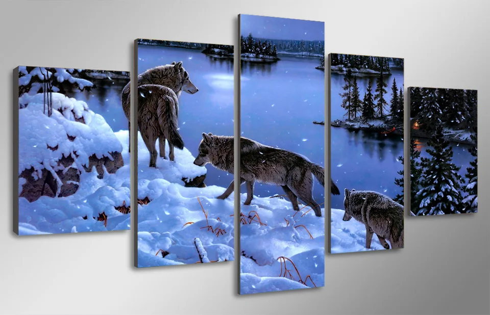 HD Printed Snow Wolf Lake Painting on Canvas Wall Pictures For Living Room Good Quality Modular Oil Cuadros Decoracion | Дом и сад