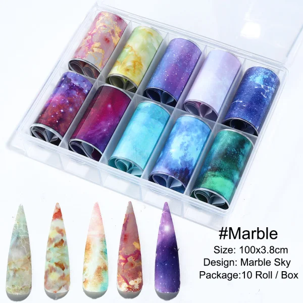 Marble 10 рулонов/набор 3,5*100 см звездное небо наклейки на ногти из фольги голографический Маникюр Клей передачи советы красота наклейка с цветком для ногтей LA1027 - Цвет: Marble