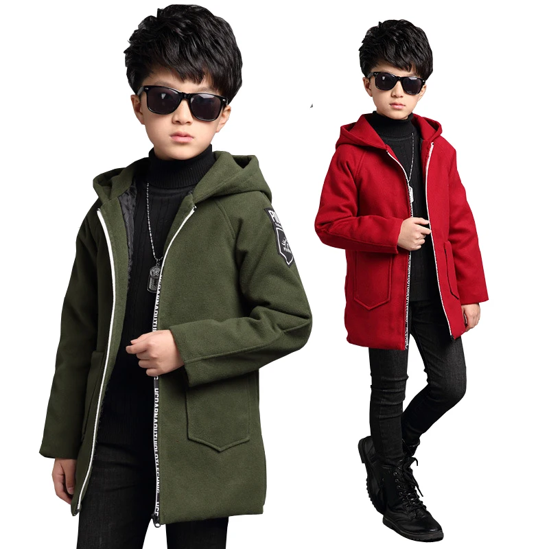 Утепленное шерстяное пальто для мальчиков зимнее модная однотонная куртка