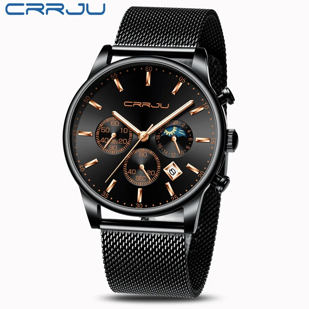 Relogio Masculino CRRJU Роскошные Кварцевые часы для мужчин синий циферблат часы спортивные часы хронограф часы с сетчатым РЕМЕШКОМ НАРУЧНЫЕ ЧАСЫ