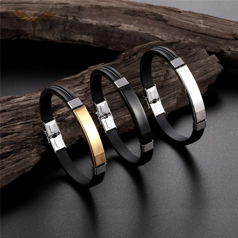 

Stainless Steel Bracelet for Men Women Black Silicone Belt Cuff Bangle Jewelry 17cm 19cm 21cm Armband Gift Branzoletki Damskie