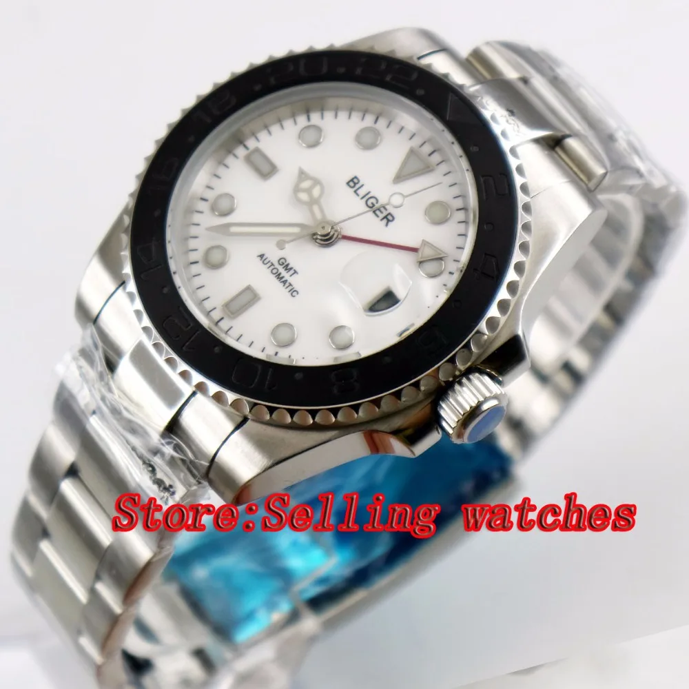

40mm Bliger White Dial ceramic bezel red GMT Luminous Hands Sapphire Glass Automatic Movement Men's Mechanical watches