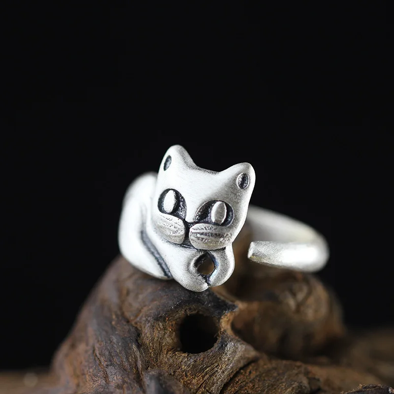 

Hot Sale 100% Real 925 Sterling Silver Vintage Rings For Women Handmade Cute Cat Adjustable Ring Fine Jewelry For Birthday Gift