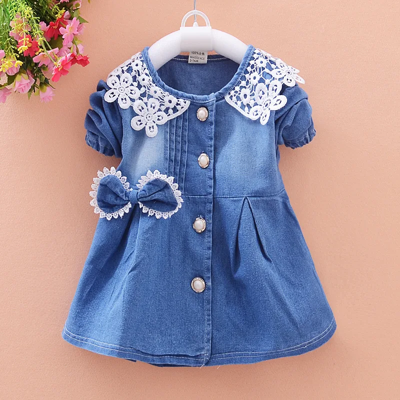 BibiCola Cute Girls cowboy Lace dress cotton Denim Jeans Dark Blue Casual autumn clothes kids girls |