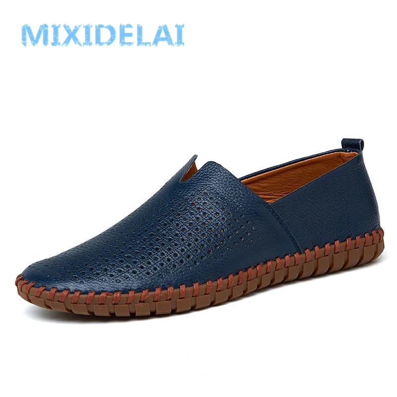 MIXIDELAI Genuine Cow Leather Mens Loafers Fashion Handmade Moccasins Soft Blue Slip On Men's Boat Shoe PLUS SIZE 38~48 | Обувь