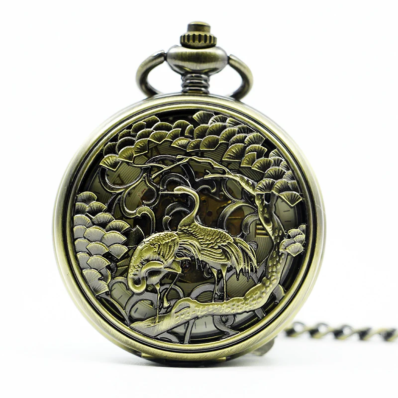 

Fashion Crane Hollow Mechanical Hand Wind Skeleton Roman Numbers Men Women Pocket Watch Gift PJX1277