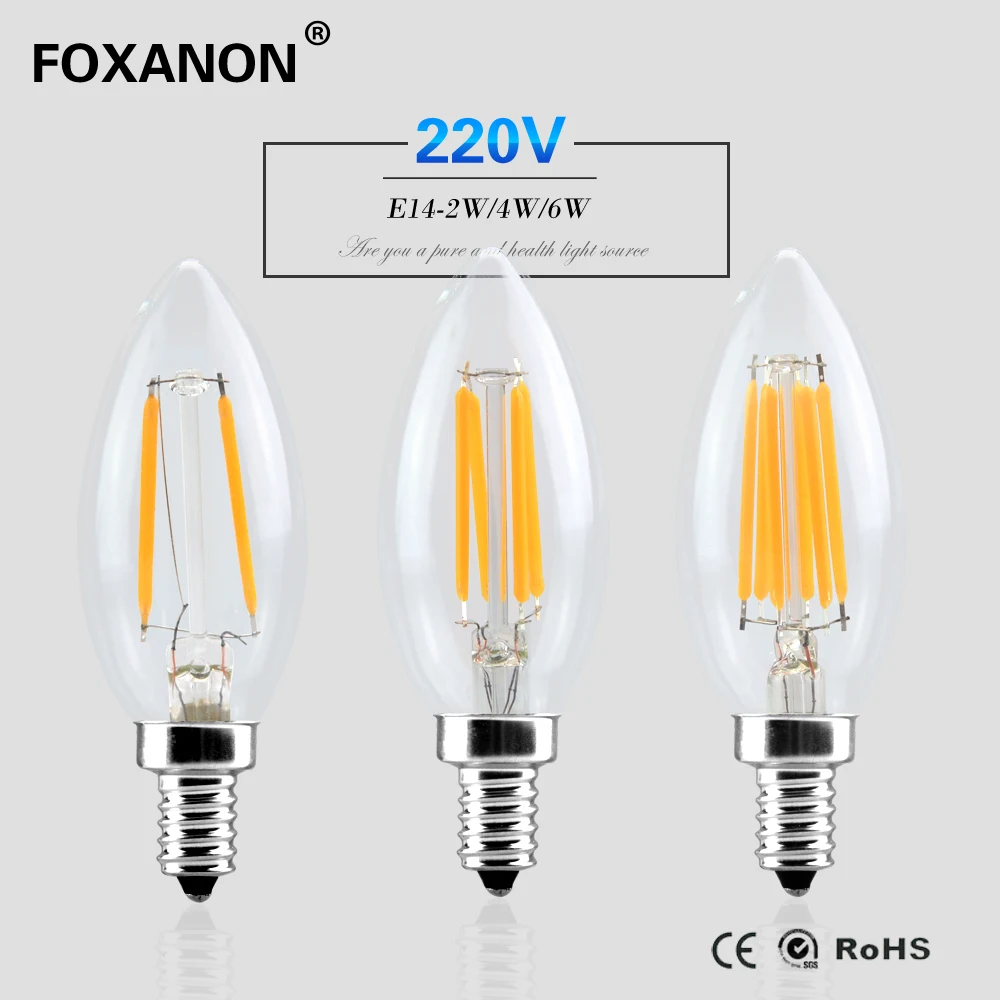 Foxanon диммируемая Светодиодная лампа накаливания E14 2 Вт 4 6 свеча cob светодиодов