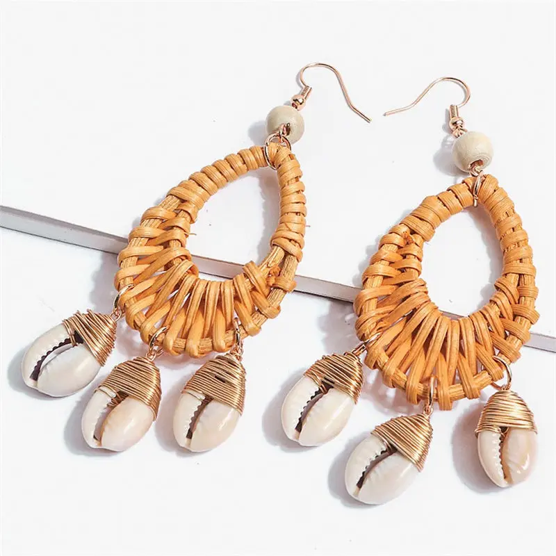Boho натуральная морская раковина Каури Соломы Вязать ротанга серьги для женщин