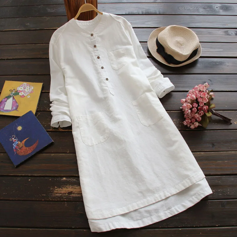 

ZANZEA Women Shirt Dresses Autumn Tops 2022 Casual Long Sleeve Long Shirt Stand Collar Blusa Work Mini Vestido Robe Femme
