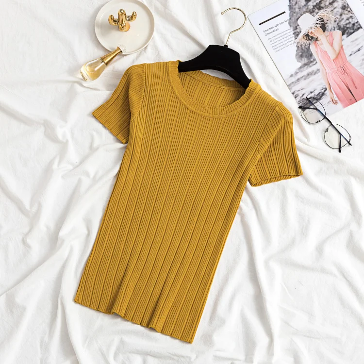 2019 Women Summer Tops Knitted Sweaters and Pullovers O Neck Short Sleeve Solid Knitting Tshirts all-match sleeve sweater | Женская