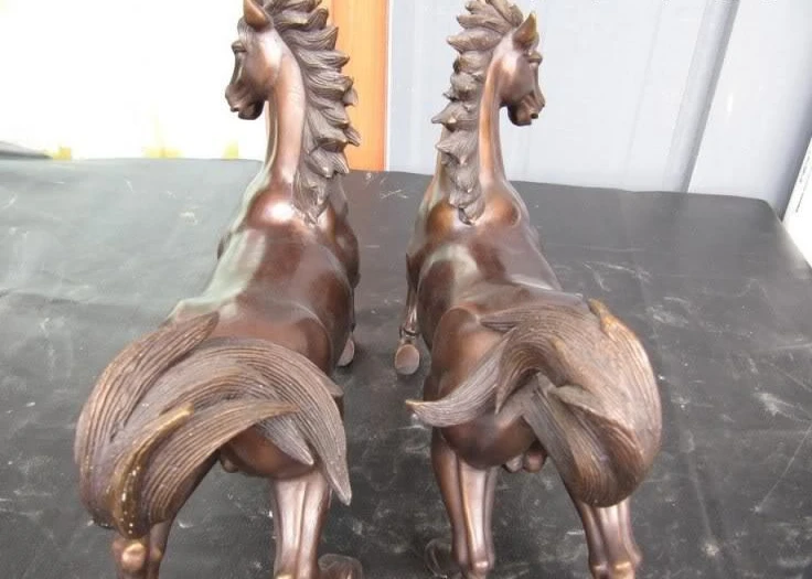 15 &quotКитай Royal Чистый Бронза Медь Лаки благоприятный метаться Конная Статуя Пара |