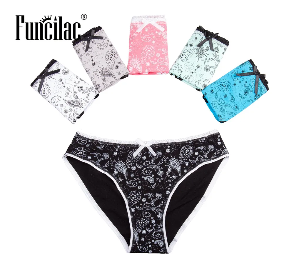 

FUNCILAC женское нижнее белье из хлопка с принтом, милые бесшовные трусики, женские сексуальные трусики-стринги, женские трусики, 5 шт./лот, M L XL