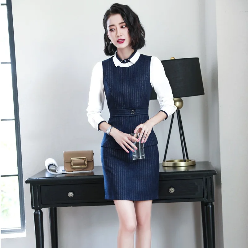 

Fashion Ladies Navy Blue Waistcoat & Vest Women Business Suits 2 Piece Skirt and Top Sets Work Wear Office Uniform Styles OL