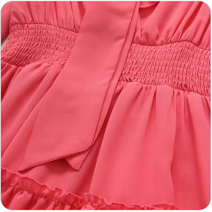 F~3XL Brand Plus Size Spring Elegant Bow Elastic Waist Tiered Women Beach Chiffon Pleat Female Casual Short Tunic Dress Vestidos | Женская