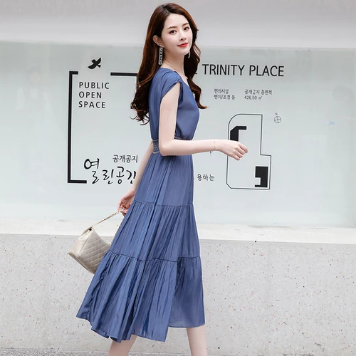 Женское летнее платье миди синее трапециевидной формы с v образным вырезом и