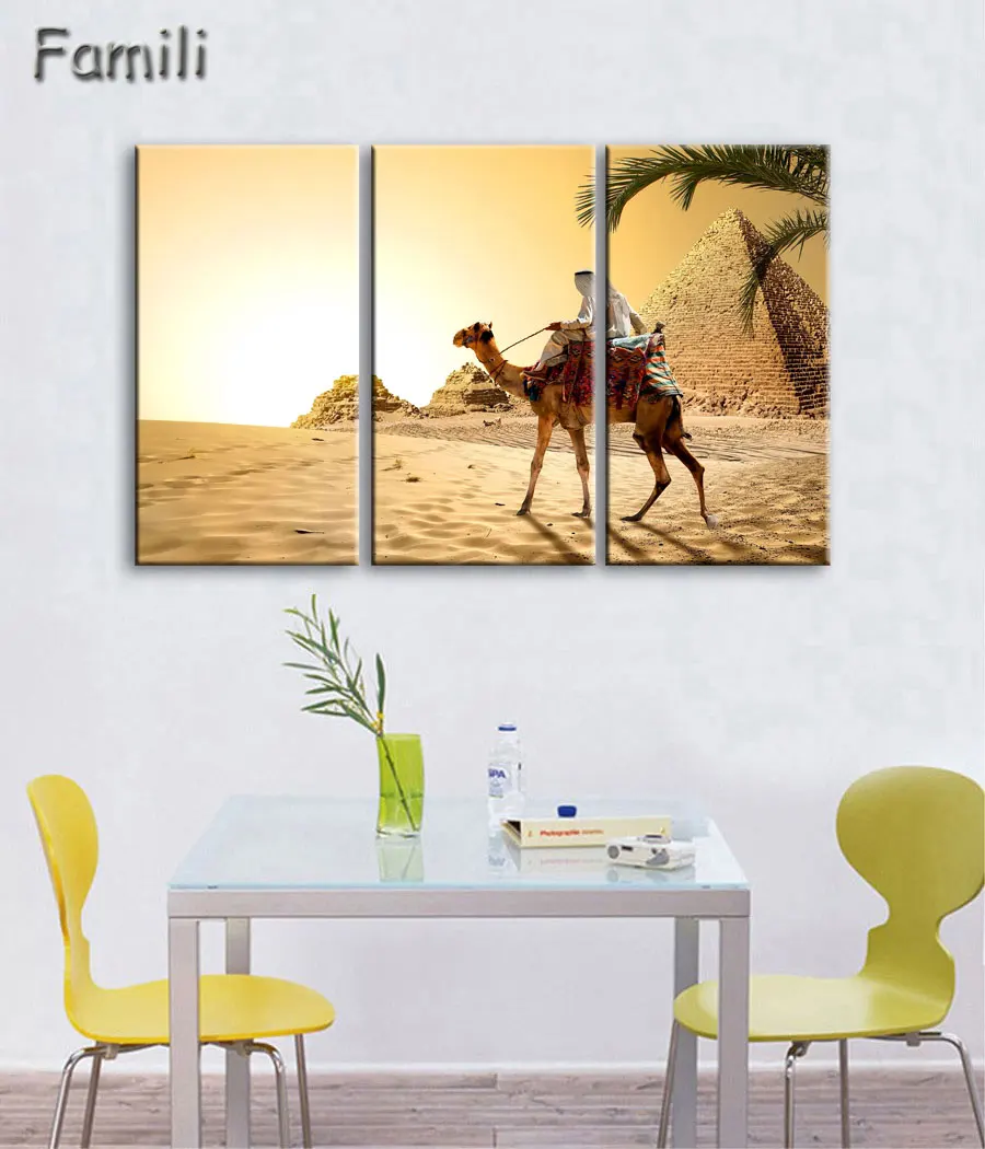 

3 pcs/set Art Egypt Pyramids Camel Print Canvas Oil Painting Unframed Wall Pictures for Living Room Top Wall Decor Animal Poster