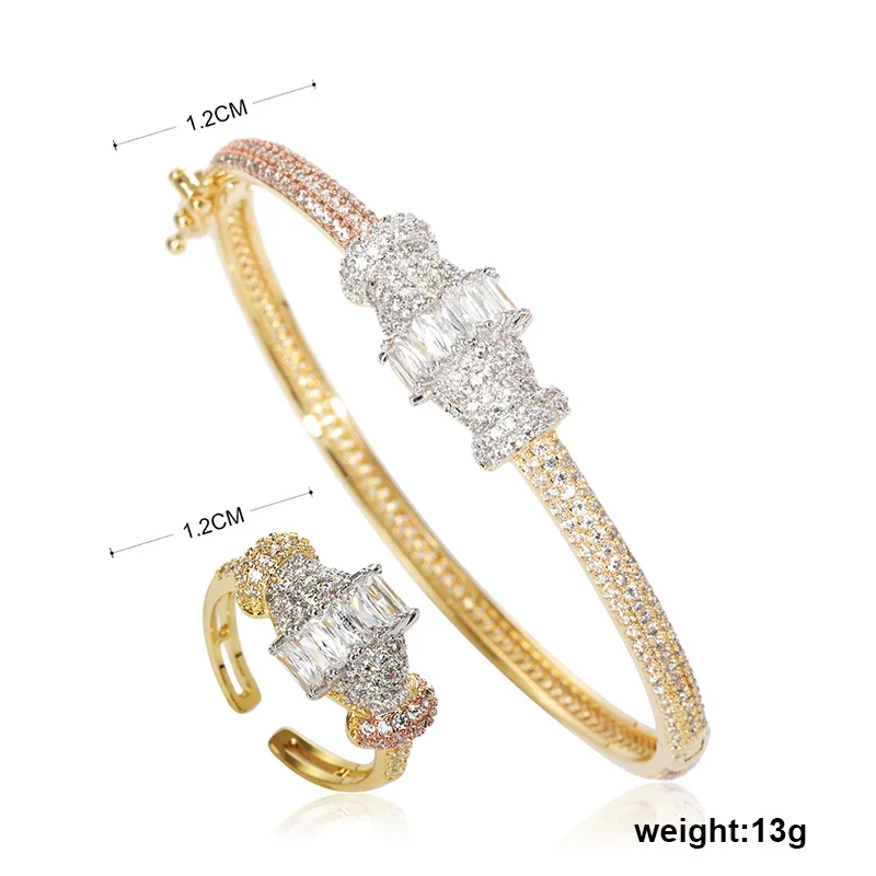 Blucome Luxury Classic Bangle Ring Sets Tricolor Zircon Copper Jewelry For Women Party Wedding Anniversary Accessories Gift | Украшения и