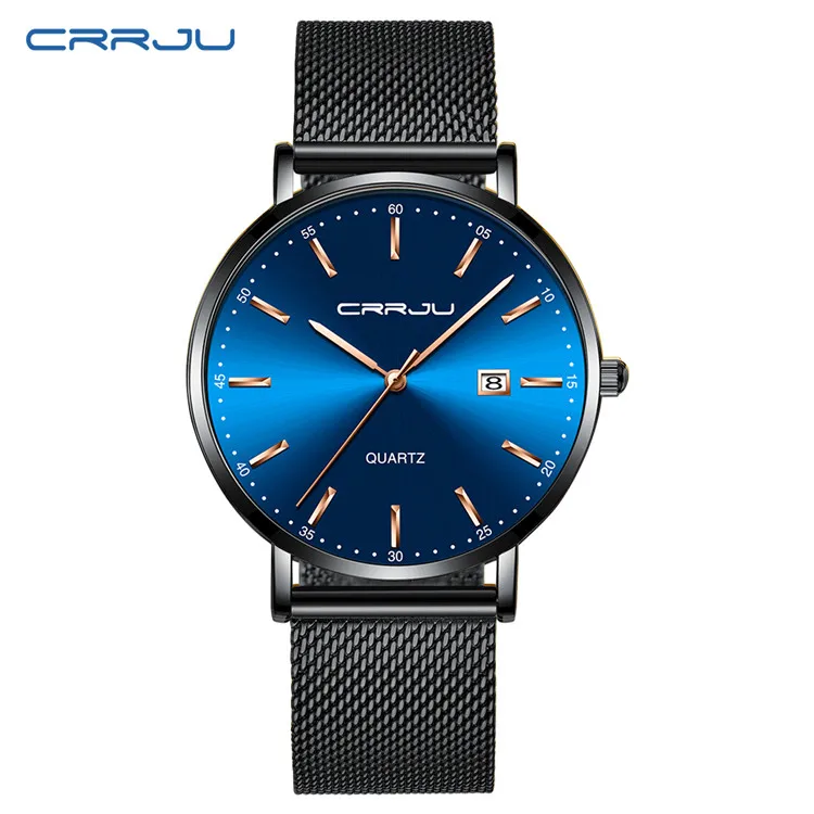 black blue rose CRRJU женские часы лучший бренд роскошный женский, сетчатый ремень ультра-тонкие часы из нержавеющей стали водонепроницаемые часы кварцевые часы Reloj Mujer - Цвет: black blue rose