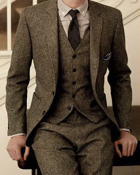 

2021 Khaki Tweed Suits Vintage Men Suits for Wedding 3 Pieces Classic Groom Tuxedos Handsome Male Blazers Slim Fit Jacket